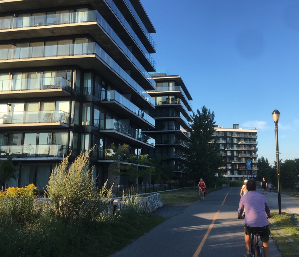 New apartments lining a bike path along the St. Lawrence river